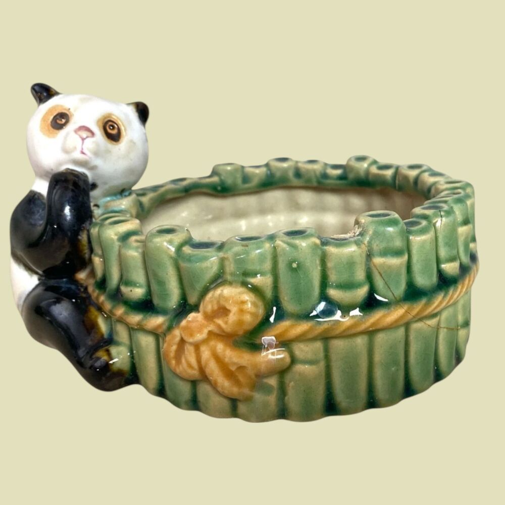 Chinese Panda Bamboo Planter REPAIRED  Green Pot B-593